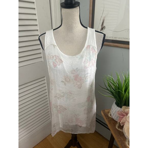 DOLCE RAGAZZA Womens Top Large White Floral Silk Sleeveless Tunic Sequin Summer - Picture 1 of 9